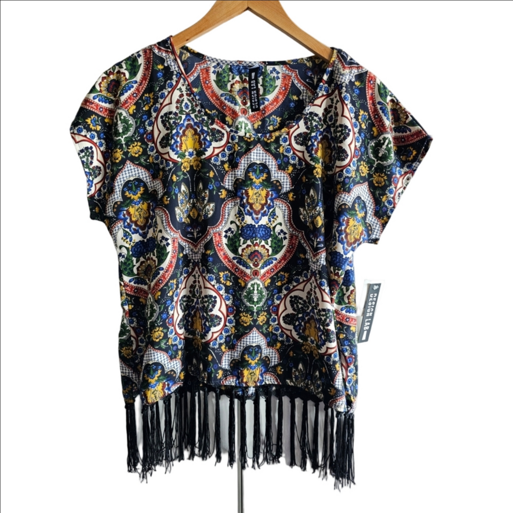 New West Kei Black Floral Black Fringe Top